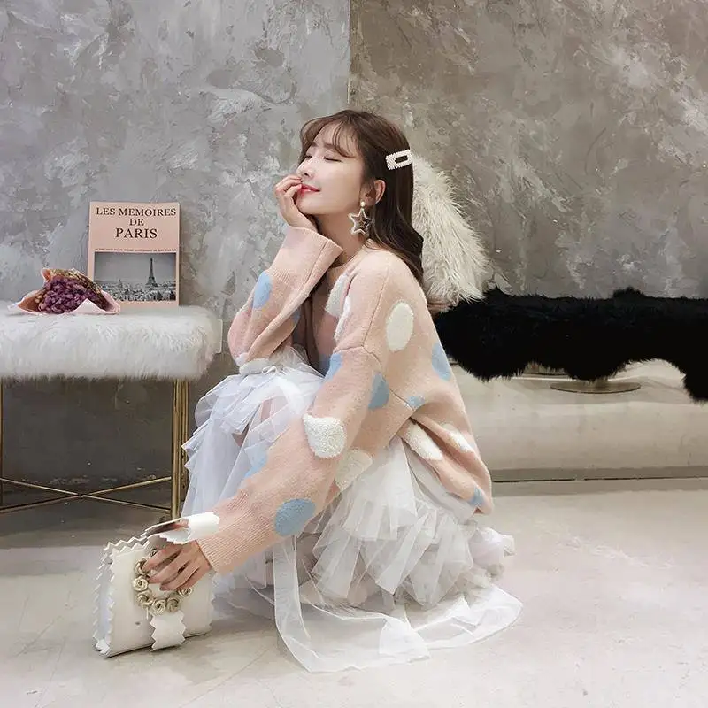 Сетчатый красный женский пуловер Ins Super Fire осенне-зимний милый свободный свитер в