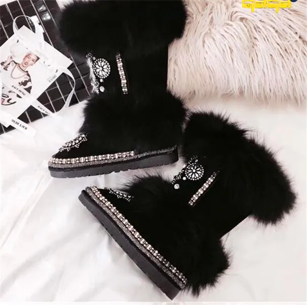 Зимние ботинки из кожи и вельвета с толстым лисьим мехом женские ручной работы