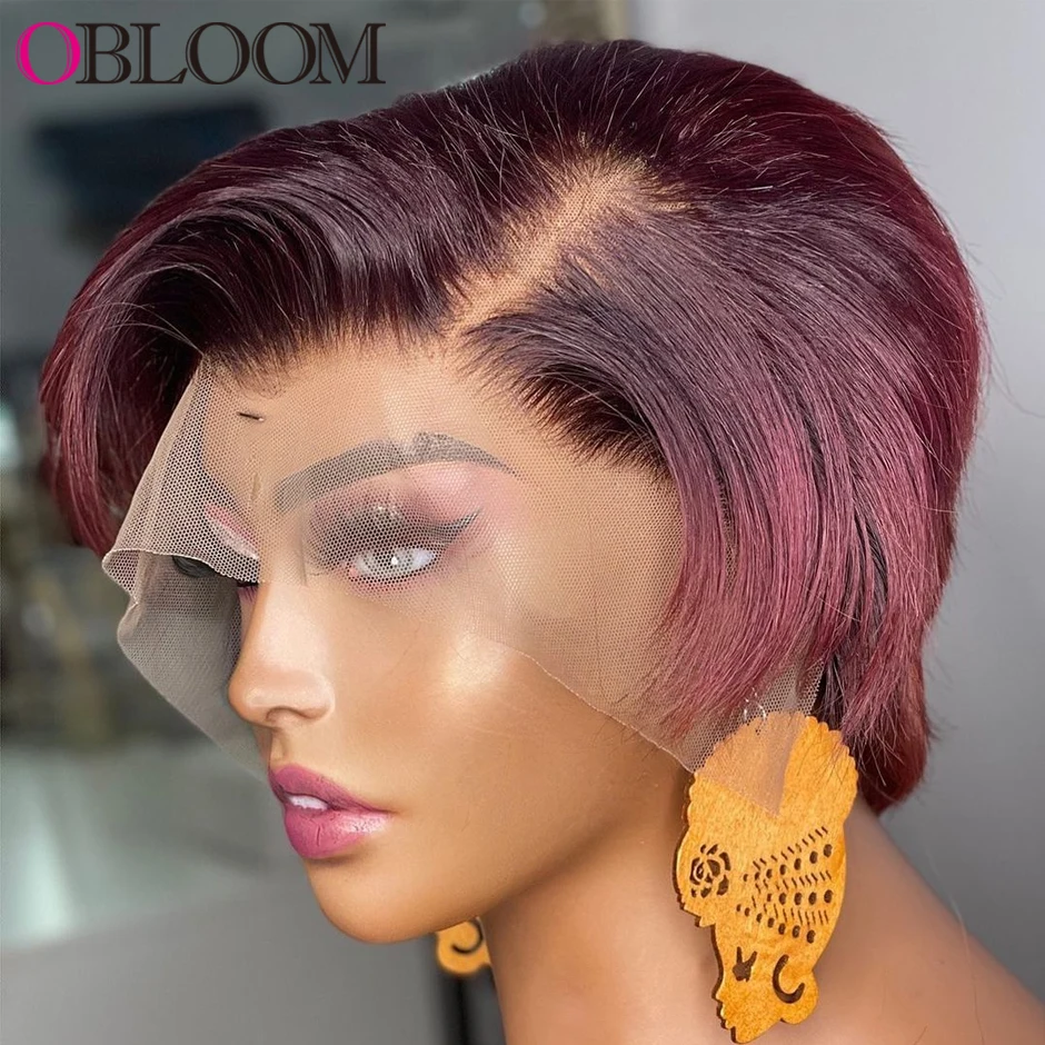 

Бордовые парики 99J 13*4 из человеческих волос на сетке спереди, 150% предварительно выщипанные волосы Омбре, медовая блондинка, короткий парик ф...