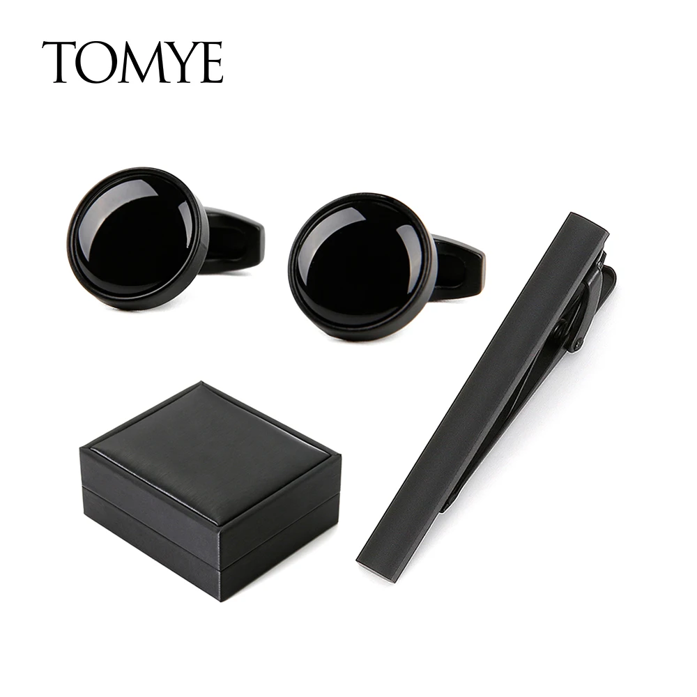 

Tie Clip and Cufflinks Set TOMYE TZ21005 High Quality Black Formal Business Dress Shirt Cuff Links for Men Gifts With Box