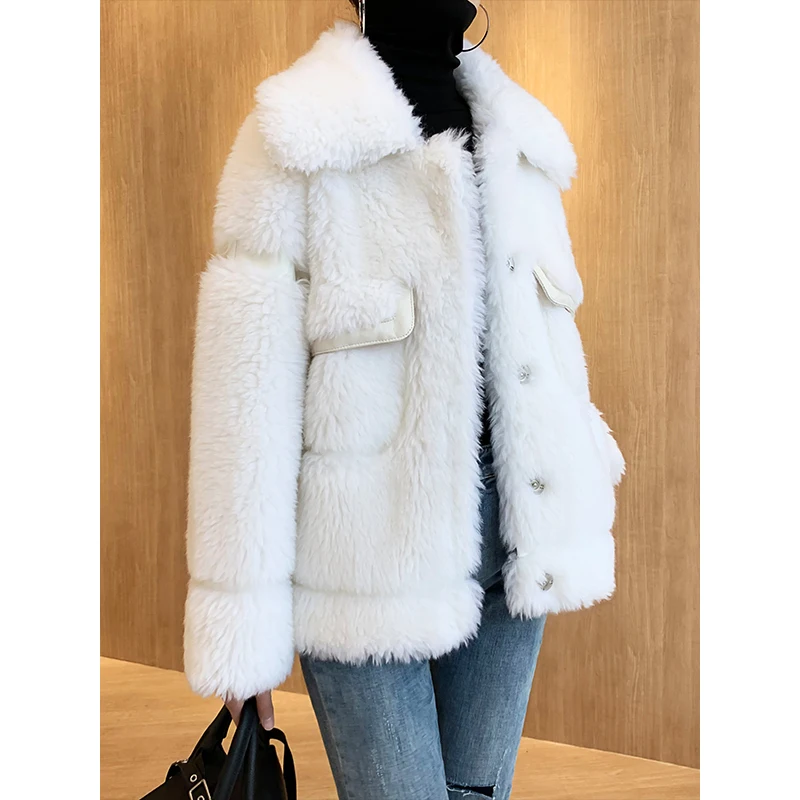 100% Sheep Shearing Jacket Women Winter Clothes 2020 Korean Elegant Real Fur Coat Female Vintage Wool Tops Hiver 19912 | Женская одежда