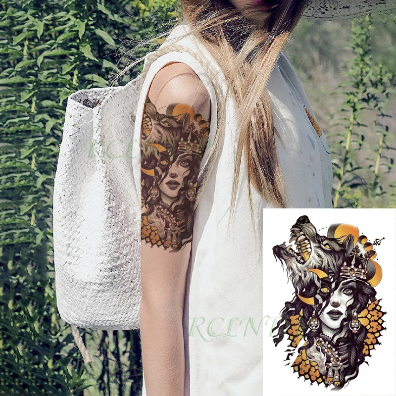 

Waterproof Temporary Tattoo Sticker Roaring Wolf Moon Sexy Long Hair Girl Totem Fake Tatto Flash Tatoo for Men Women