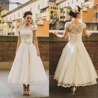 Винтажные Короткие свадебные платья 2022 по щиколотку, с рукавом-крылышком, с круглым вырезом и цветочным поясом, трапециевидные кружевные свадебные платья, элегантные белые