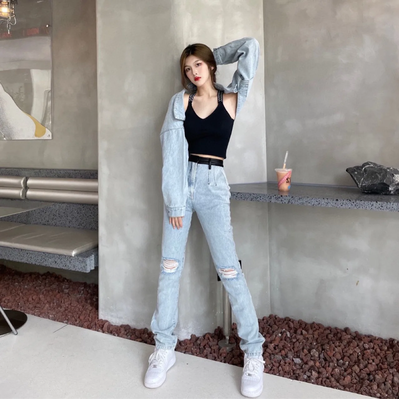 

Autumn and Winter 2021 New A. Wang Versatile Slim Fit High Waist Knee Hole Slightly Straight Jeans Women's Tight Jeans