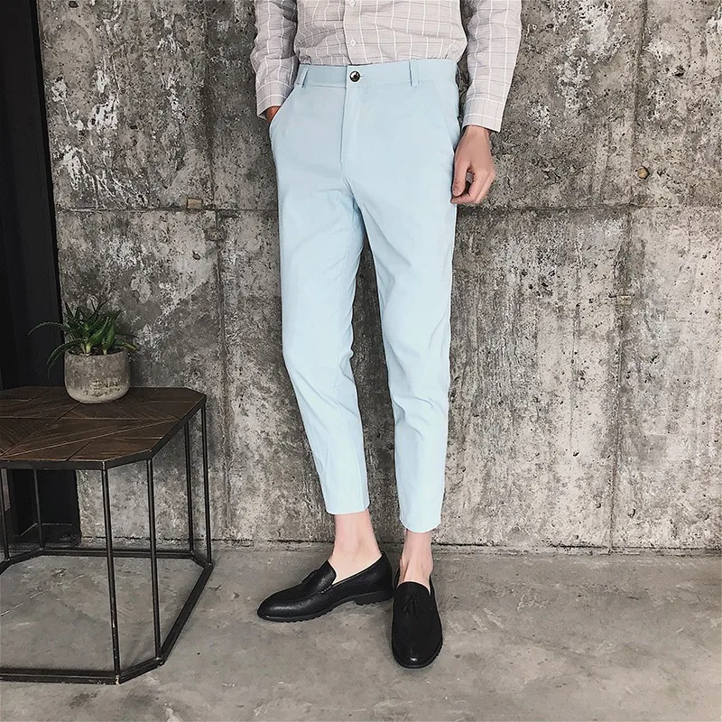 

Solid Casual Pants Men Slim Fit Ankle-Length Trousers Male 2020 New Spring Summer White Khaki Black Stretch Fashion Suit Pants