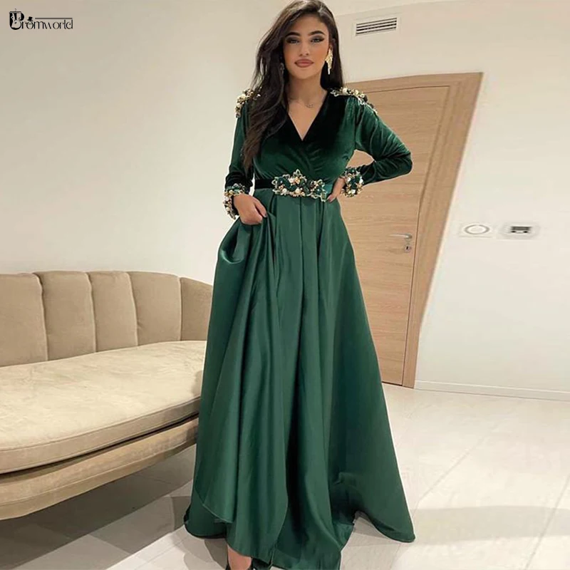 

Moroccan Kaftan Long Sleeves Formal Dress 2022 Flowers A Line Velvet Satin Green Muslim Evening Gowns Arabic Abiye Gece Elbisesi