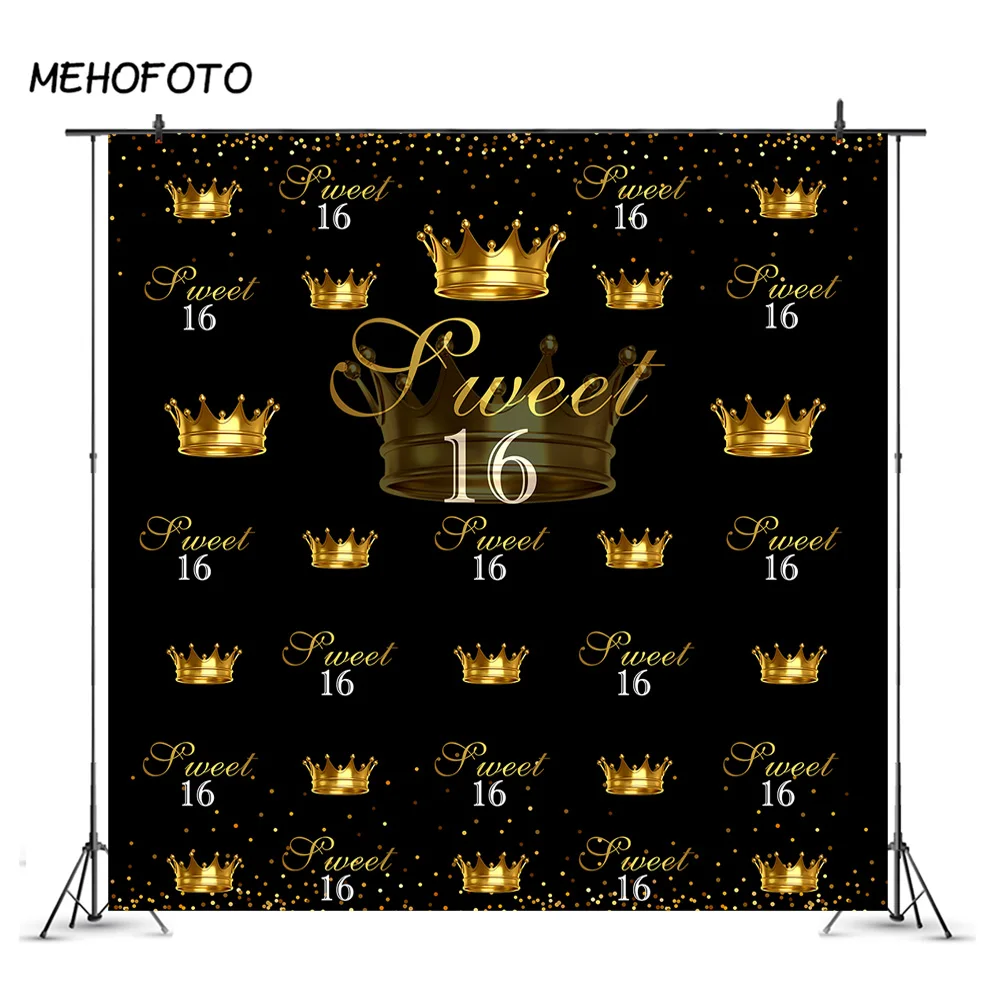 MOCSICKA Sweet 16th Birthday Backdrop Step and Repeat Gold Crown Photo Booth Background Glitter Black Backdrops | Электроника