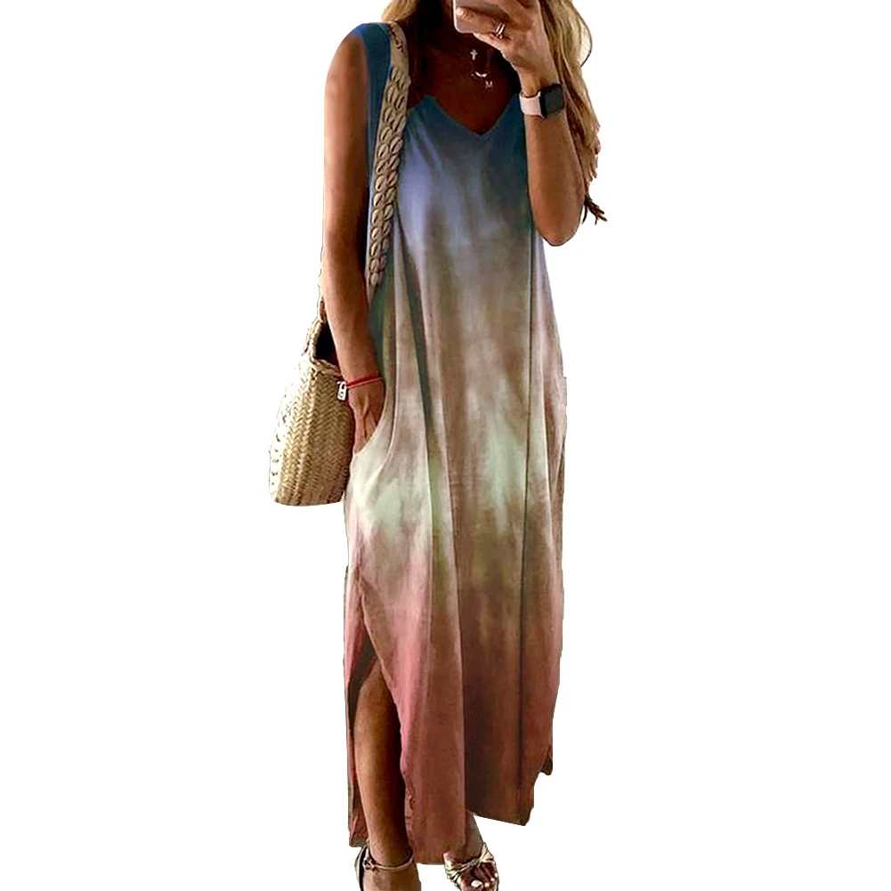 Сексуальное женское платье макси в стиле бохо с v-образным вырезом без Рукавов