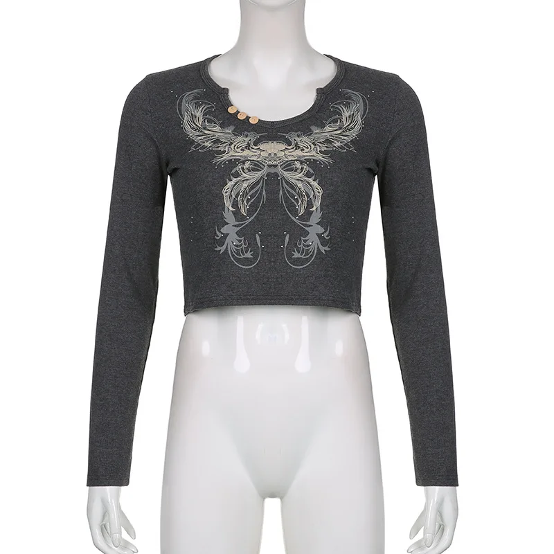 Graphic Print Retro Y2K Crop Tshirts Vintage Harajuku Grunge Fairycore Clothes Aesthetic 90s V-neck Autumn Tops