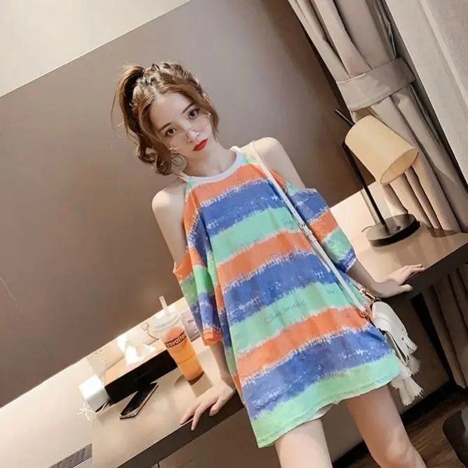 

Rainbow Stripes Seven-point Short-sleeved T-shirt Women 2021 Summer New Korean Students Loose Strapless Top Clothes