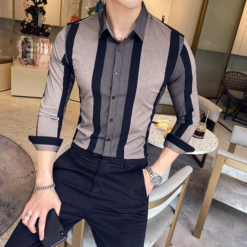 

2020 New Men Striped Shirts Formal Business Dress Shirts Men Slim Fit Casual Long Sleeve Streetwear Social Camisas Para Hombre