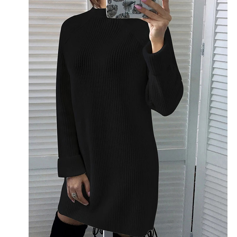 

Модное однотонное женское платье с длинным рукавом, женское трикотажное мини-платье с высоким воротником, мини-платье, облегающее платье бо...