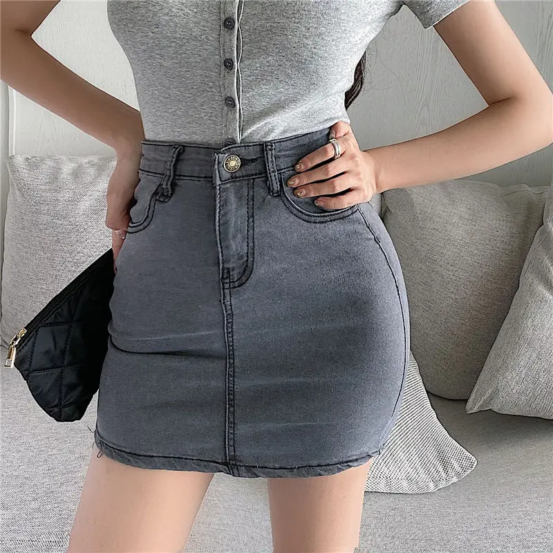 

Womens Summer Stretch Slim Mini Skirts Female Sexy Gray Denim Jeans Skirt Woman Plus Size Cotton Short Skirts Harajuku