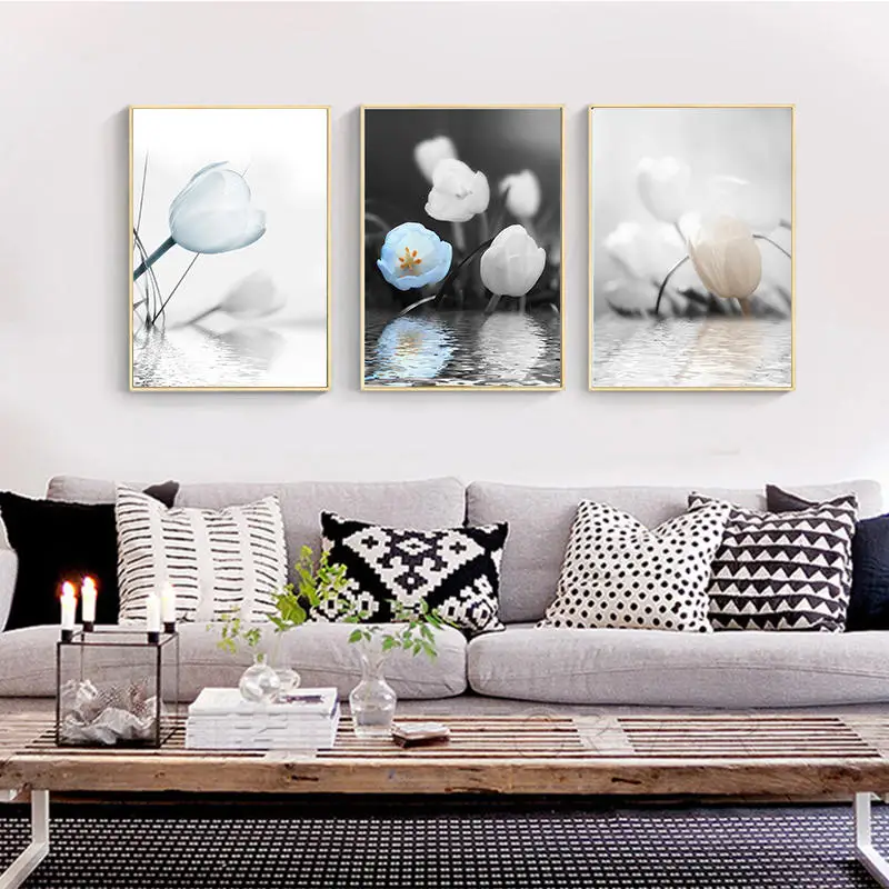 Yumeart скандинавский холст искусство романтический водяной тюльпан белый синий