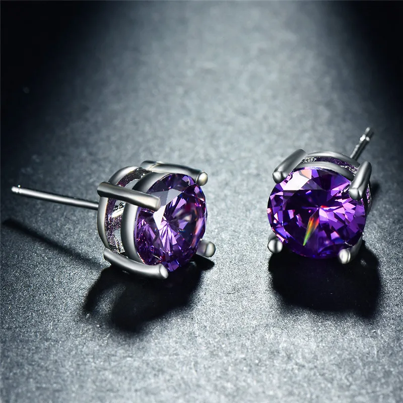 Purple Earrings Круглый Мистический Огонь кристалл клипсы с камнем Серьги для женщин мужчин 925 Серебряный Цвет Радуга синий зеленый циркониевый Двойные серьги свадьба - Окраска металла: Purple Earrings
