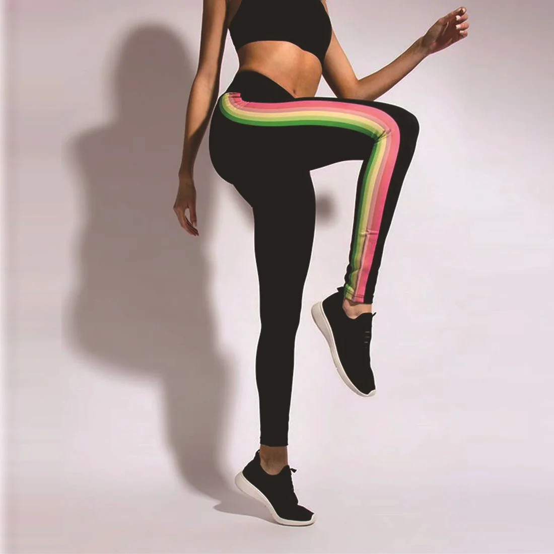 

Side Rainbow Striped Print Women Clothing Casual High Waist Leggings Ankle-Length Sport Sexy Push Up Seamless Thin Black Pants