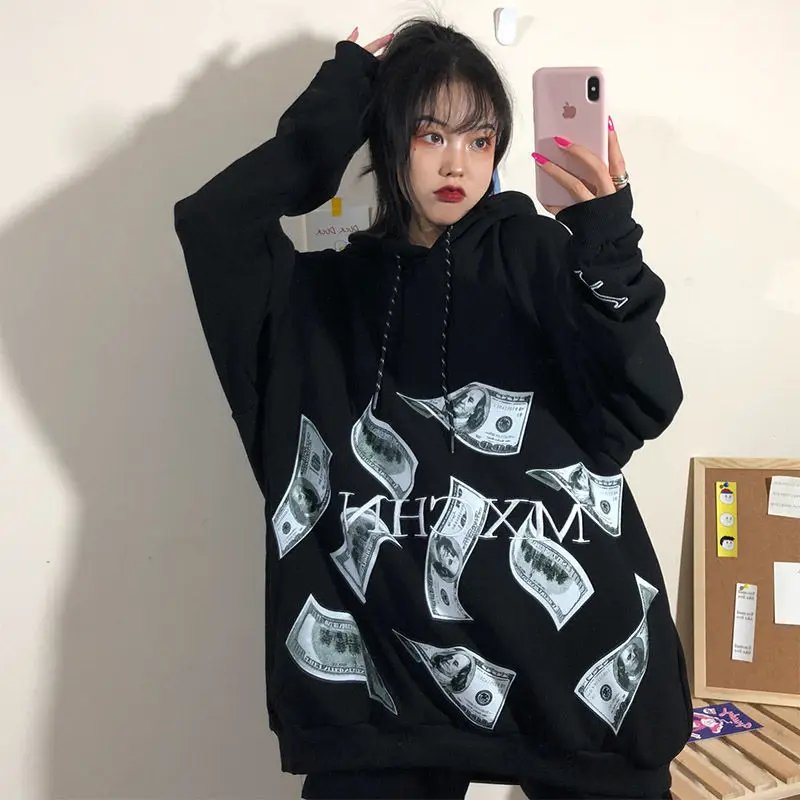 

Female Sweatshirt Women's Top Korean fashion Loose Plus Velvet US Gold Print pullovers harajuku gothic clothes Oversized hoodie