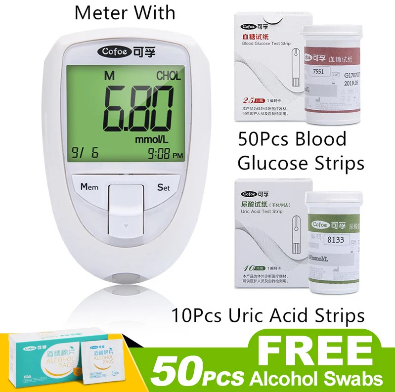 Meter with 60 strips Cofoe, 3 в 1, набор для измерения уровня холестерина, мочевой кислоты и глюкозы в крови, домашний портативный мультимонитор с тестовыми полосками и ланцетами - Цвет: Meter with 60 strips