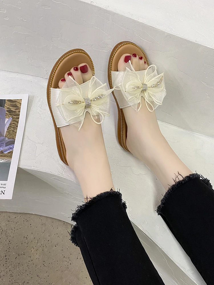 

Butterfly-Knot Flat Shoes Female Low Slippers Casual Slides Jelly Flip Flops Slipers Women Luxury Soft Glitter 2021 Summer Butte