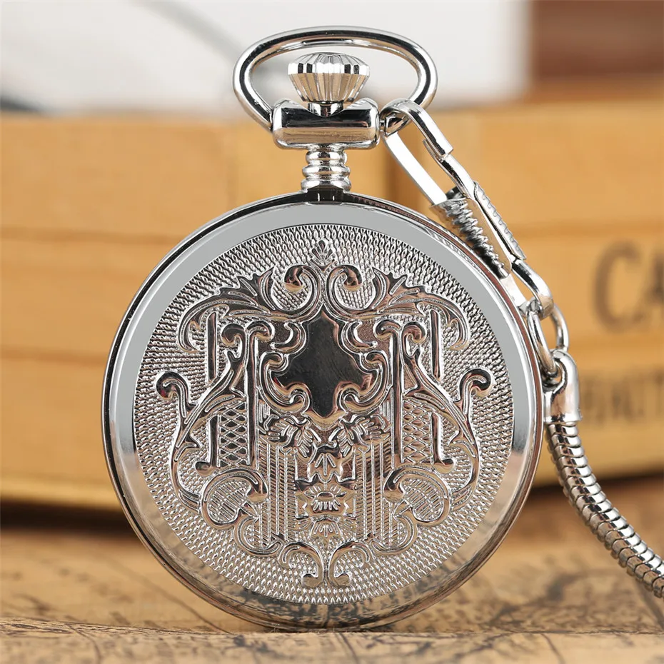 

Luminous Arabic Numerals Display Mechanical Self Winding Pocket Watch Exquisite Silver Retro Pendant Clock with 30 cm Fob Pocket