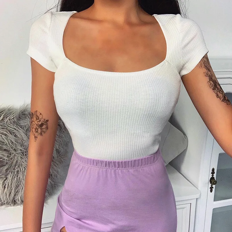 

Sexy Square Collar Ribber Knit Black White Slim T-Shirt Women Summer Casual Short Sleeve Basic Tops Streetwear
