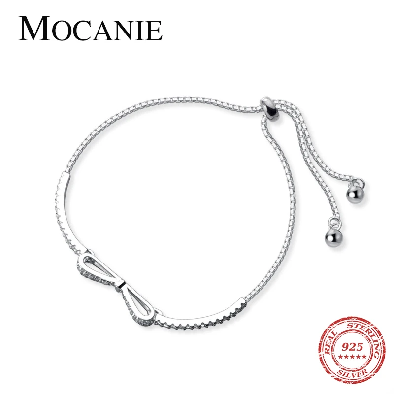 

Mocanie Authentic 925 Sterling Silver Dazzling Zircon Exquisite Bowknot Adjustable Box Chain Bracelet for Women Fine Jewelry