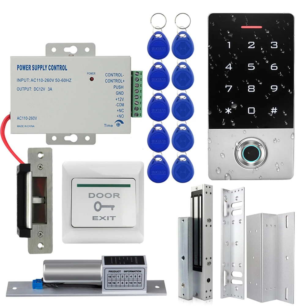 

HOT Fingerprint Door Access Control System Kit Outdoor RFID Keypad Electric Magnetic Strike Lock Switch 125KHZ IP68 Waterproof