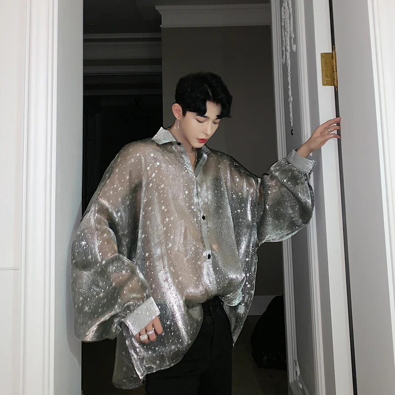 

Mens Shirts Bat Long Sleeve Star Transparent Oversize Loose Shirts Male Streetwear Hip Hop Punk Gothic Party Night Club Shirt