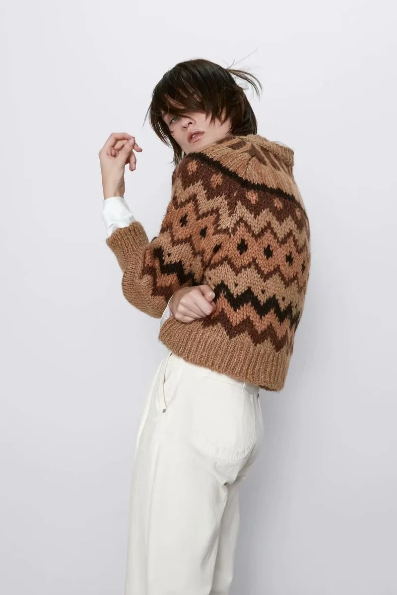 Свитер женский жаккардовый с круглым вырезом капюшоном 2019 | Женская одежда