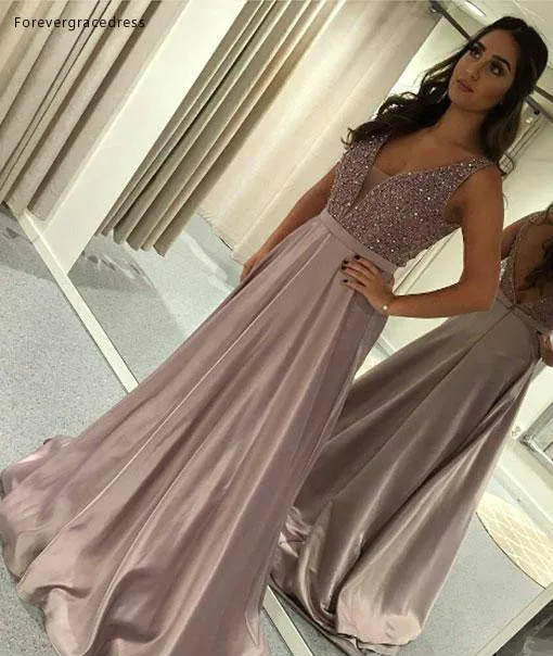 

2019 Deep V Neck Long Evening Dress Satin Beaded Formal Holidays Wear Graduation Party Gown Custom Made Plus Size