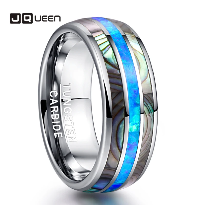 

JQUEEN 8mm Blue Opal Tungsten Carbide Rings Inlaid Natural Shells Anniversary Party Jewelry Gift Silver Color Rings Dropshipping