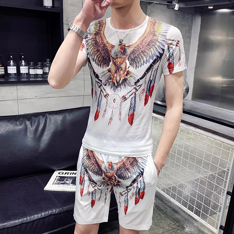 Модный летний спортивный костюм Мужская футболка с принтом орла Повседневная +