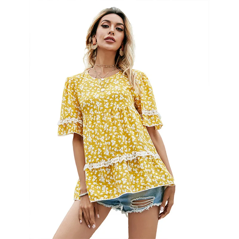 

Top Women's t-shirts summer traf floral stitching lace five-point sleeve top T-shirt harajuku loose casual anime woman tshirts