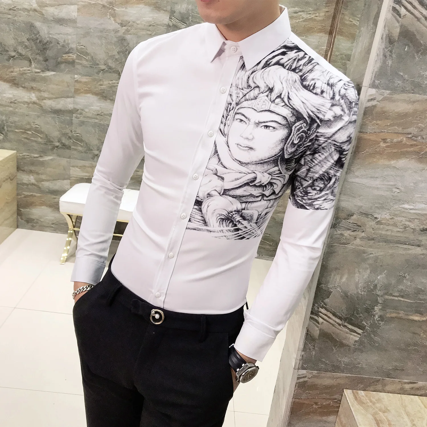 Платье рубашка Корейская одежда мужская рубашка camisa social Повседневная приталенная мужская с принтом вечерние рубашки для клуба Camisa Masculina