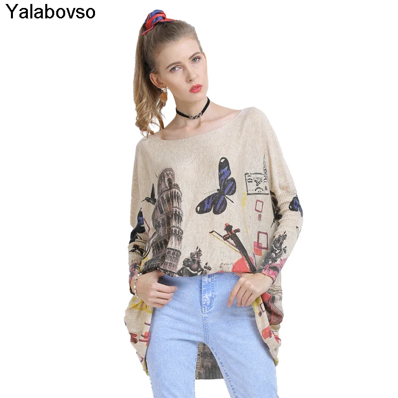 

Loose Sweaters 2020 Autumn New Women's Large Size Knitted Feamale O Neck Long Sleeves Fashion Butterfly Printed Pullover