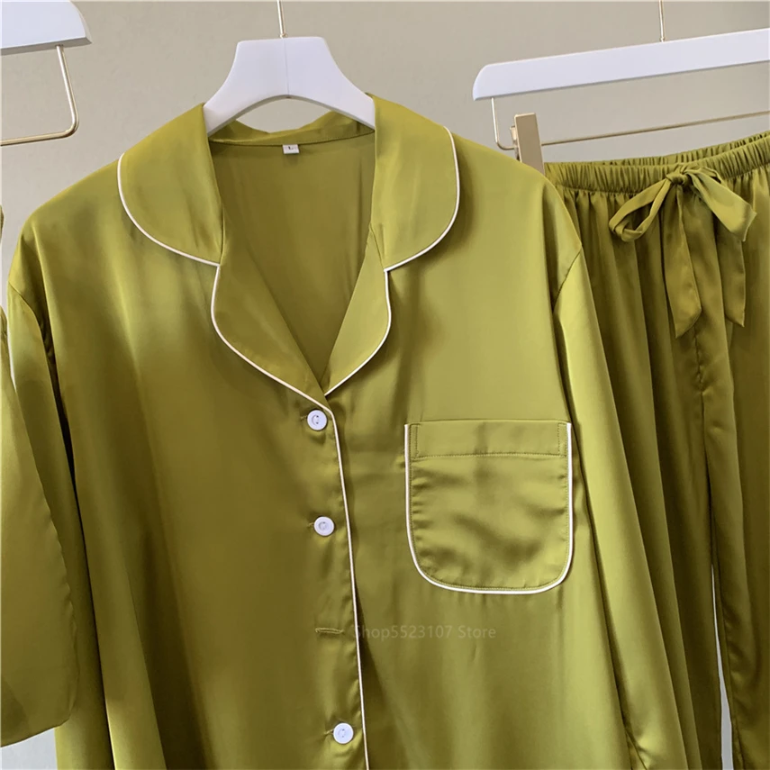 

New Summer Women Home Sleepwear Clothing Long Sleeve Satin Silk Solid 3pcs Pajamas Sexy Nightwear Clothes Pant Set