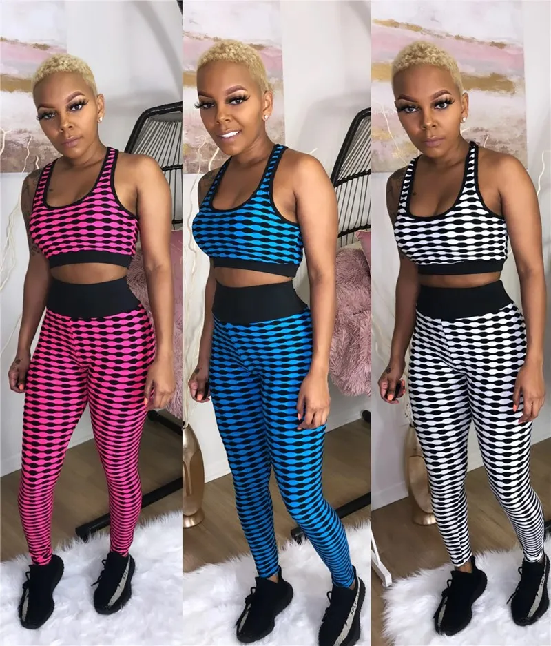 

20MH5013 Autumn Women Sports Skinny Breast Wrap Print High Elasticity Two Piece Set Top and Pants Tracksuit Sweatsuit Outfits