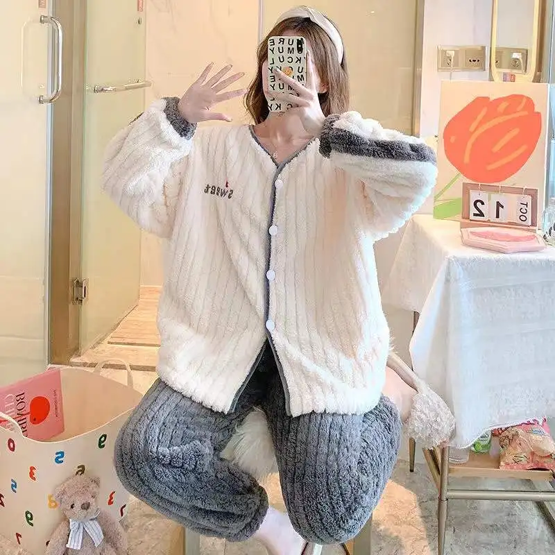 Women Winter Coral Fleece Pajamas Sets Thick Warm Flannel Sleepwear 2-Piece Set V-Neck Female Long Sleeve Trousers Pyjamas