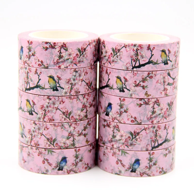 

New 10pcs/set 15MM*10M Pink Flower, birds Washi Tape Floral Masking Tapes Decorative Stickers Diary Deco Scrapbooking Sticker