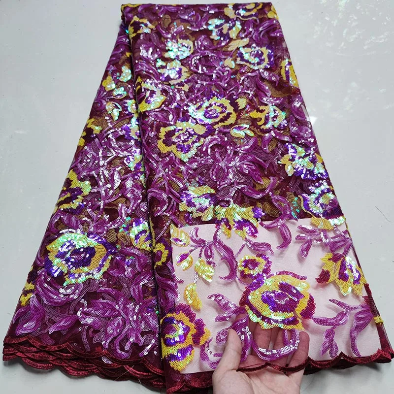 

5Yards Colorful French Sequins African Tulle Mesh Lace Fabric 2021 High Quality Nigerian Net Lace Fabric For Women Party Wedding