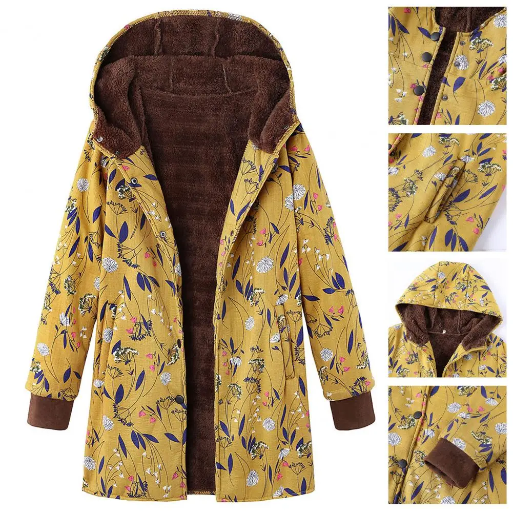 Зимняя женская куртка с капюшоном цветочное очень теплое пальто однобортное