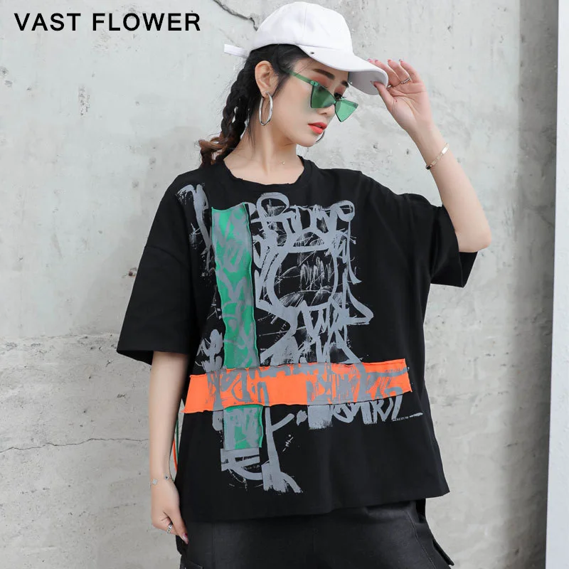 

Print Pattern Irregular Split T-Shirt Women Korean Round Neck Short Sleeve Loose Casual T Shirt Femme Tops Fashion Summer 2021