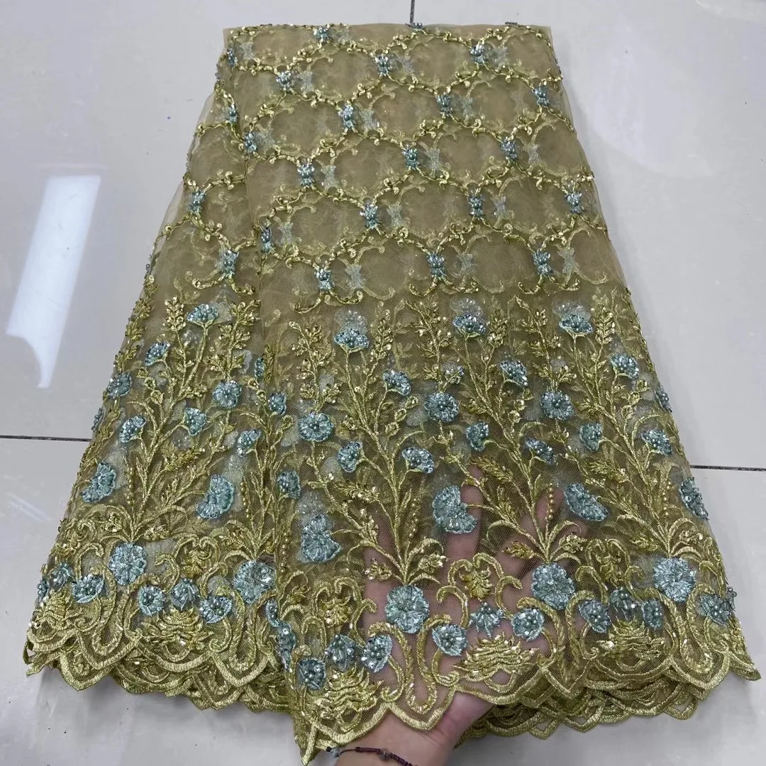 

2021 African French Tulle Beads Lace Fabric Latest High Quality Lace Heavy Embroidery Material Nigerian Lace Fabrics For Wedding