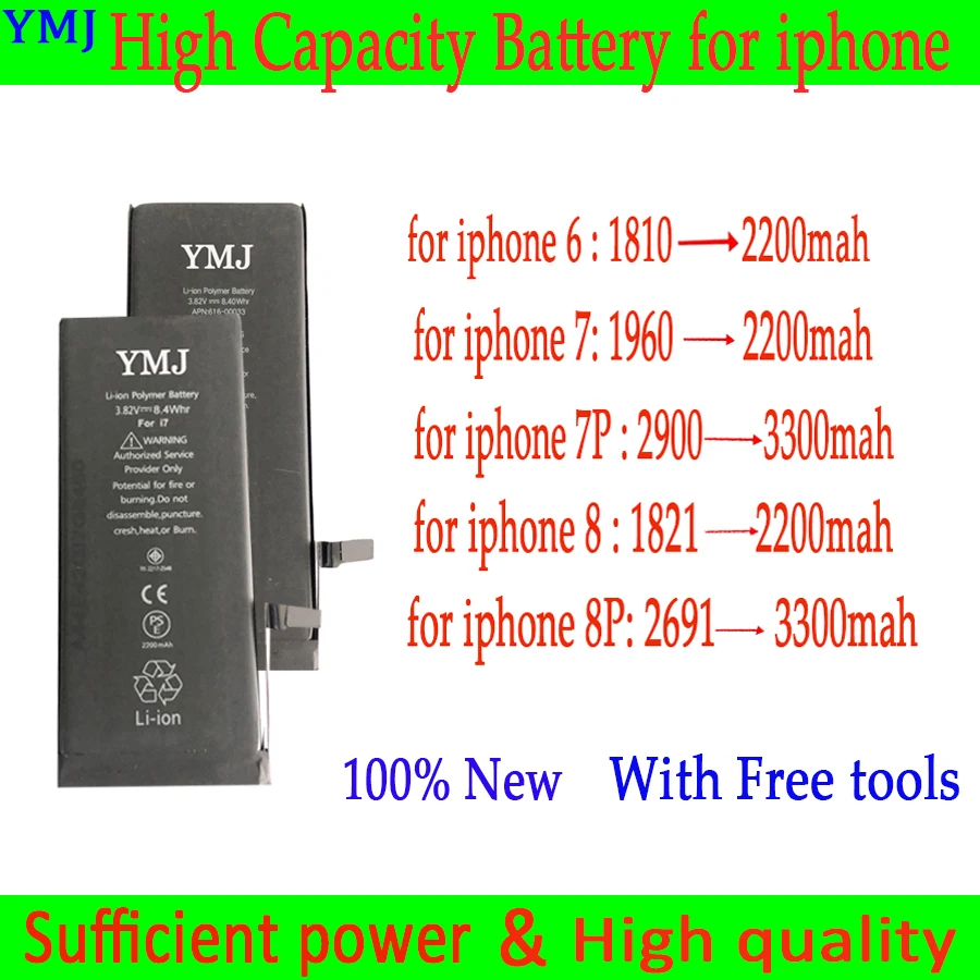 100% новая высокая емкость для iPhone 6 7P 8 8P батарея Мобильный телефон Замена батареи +