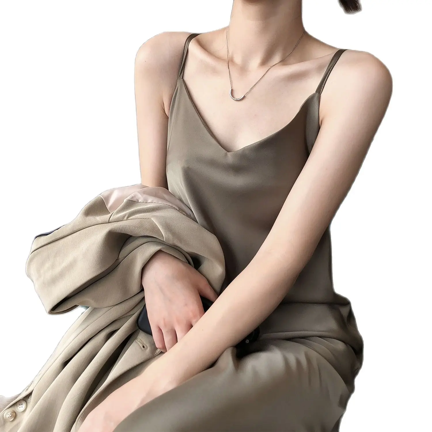 

2021 New Satin Sling Dress Female Long V-neck Temperament Is Thinner and Base Long Skirt