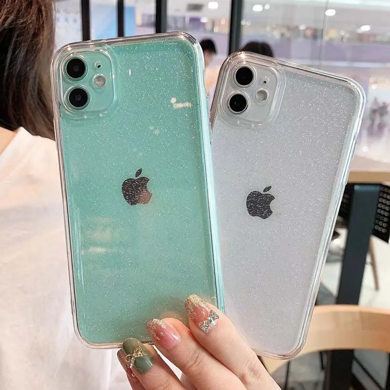 

Camera Protection Clear Case For iPhone 11 Pro Max 12 Mini X XR XS 8 Plus 7 SE 2020 Glitter Transparent Silicone Cover Coque