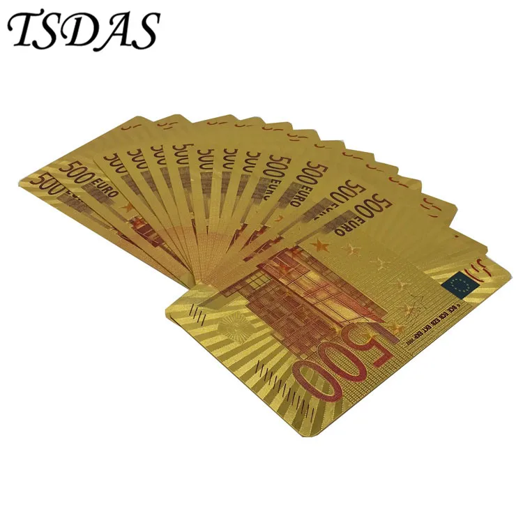 

2pcs UK 50 Pound & Euro 500 Gold Playing Card Pure 24k Gold Foil Poker Waterproof Cards with Certificate and Nice Wooden Box