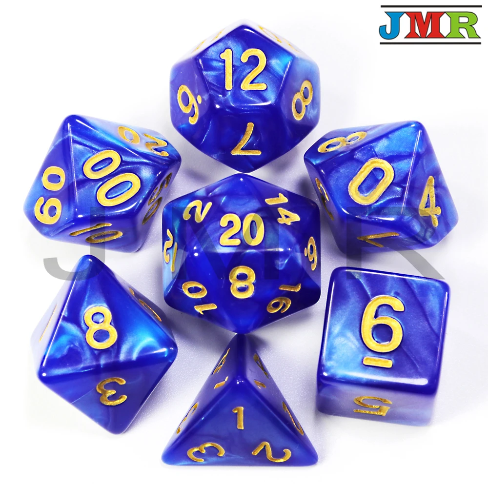 Dados De Rpg 7 шт./компл. многогранные RPG игры мраморный эффект кости D4-D20 мульти стороны кости Поп для подземелья и Драконов - Цвет: Blue 02  Gold Ink