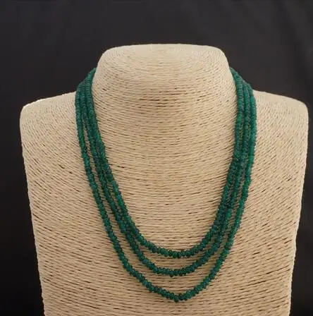 

Beautiful NATURAL 3 Rows 2X4mm Faceted GREEN EMERALD BEADS NECKLACE
