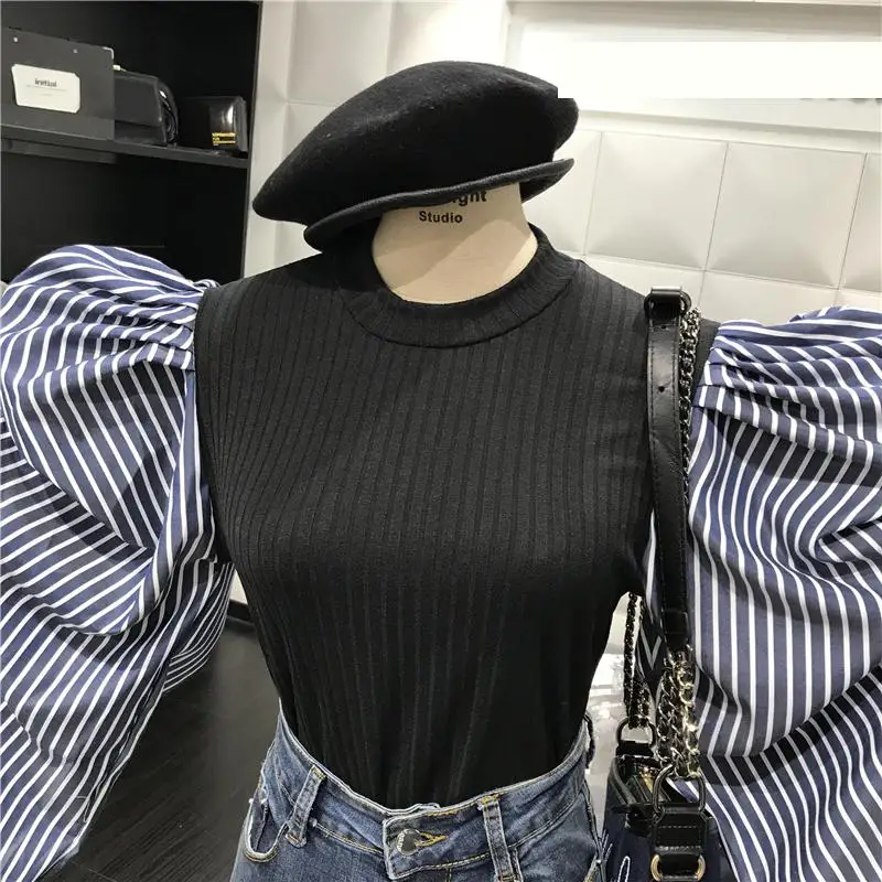 Женская футболка в полоску GetSpring белый пуловер с длинным рукавом рубашка буфами